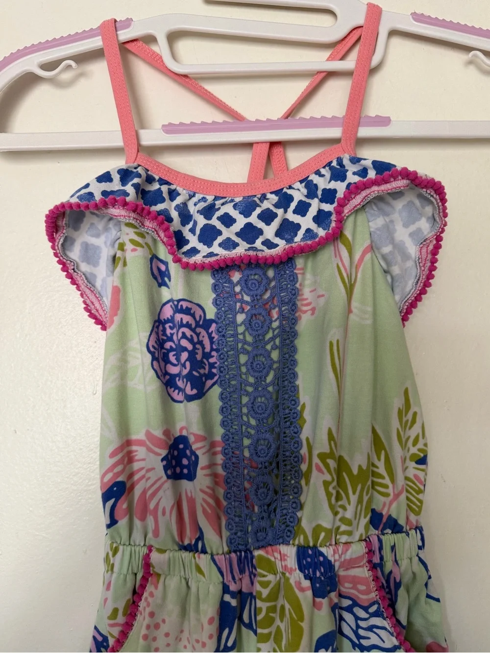 Matilda Jane Girls Floral Romper Jumpsuit Pink Blue Green Pom Trim Pockets